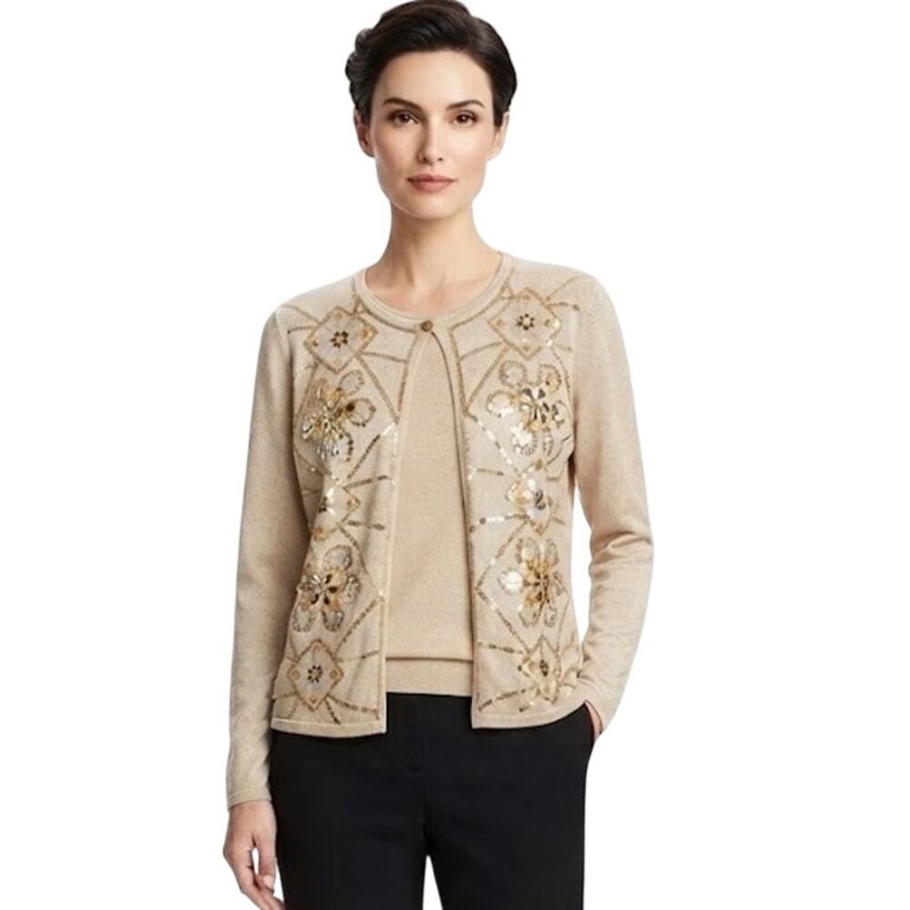 ALFRED DUNNER 2-Piece Look Beaded Cardigan & Attached Top Set Beige Gold Medium